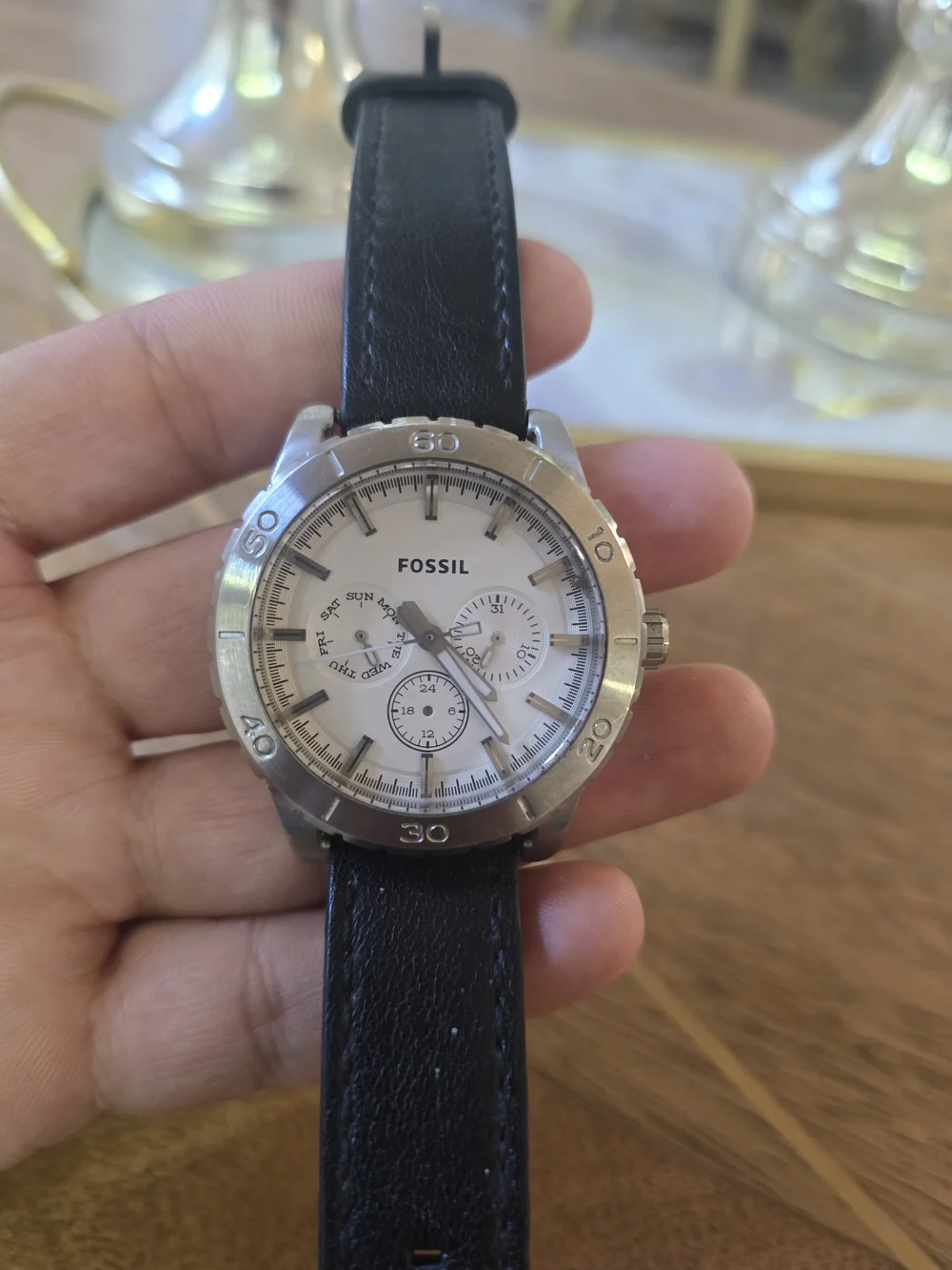 Fossil Men's Black Leather Strap Chronograph Watch - White Dial Missing Hands